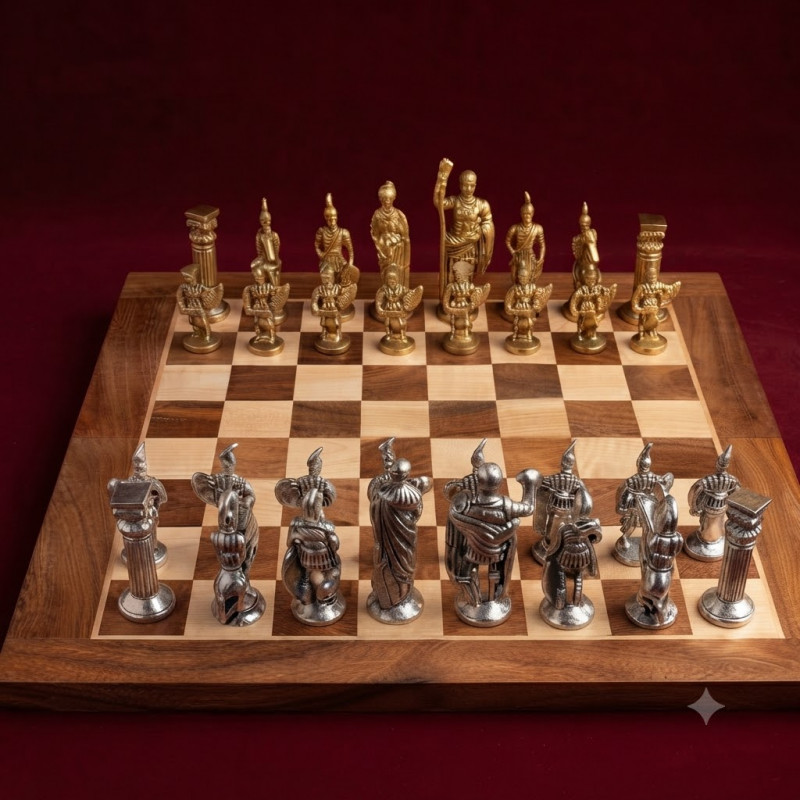 Brass chess coin set with wooden box 