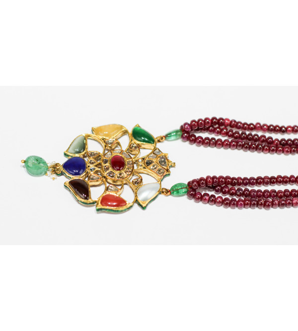 Gold Navratan Necklace Set With Real Beads