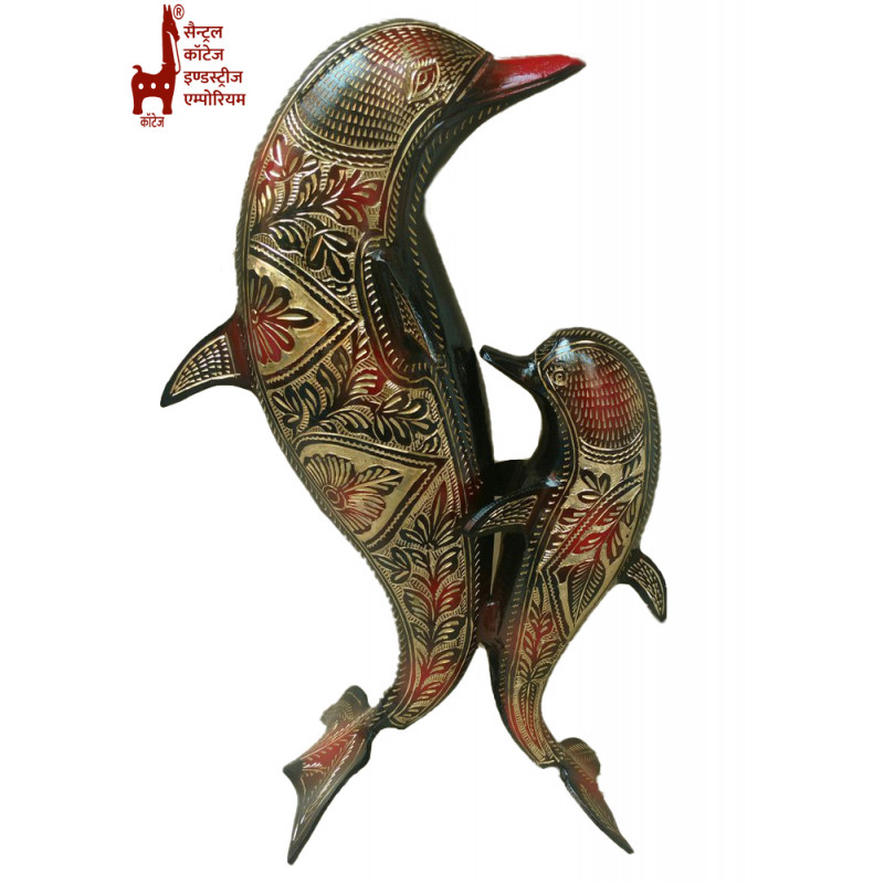 Brass Dolphin Double (Red–Black) Hand Carved – 14 Inch