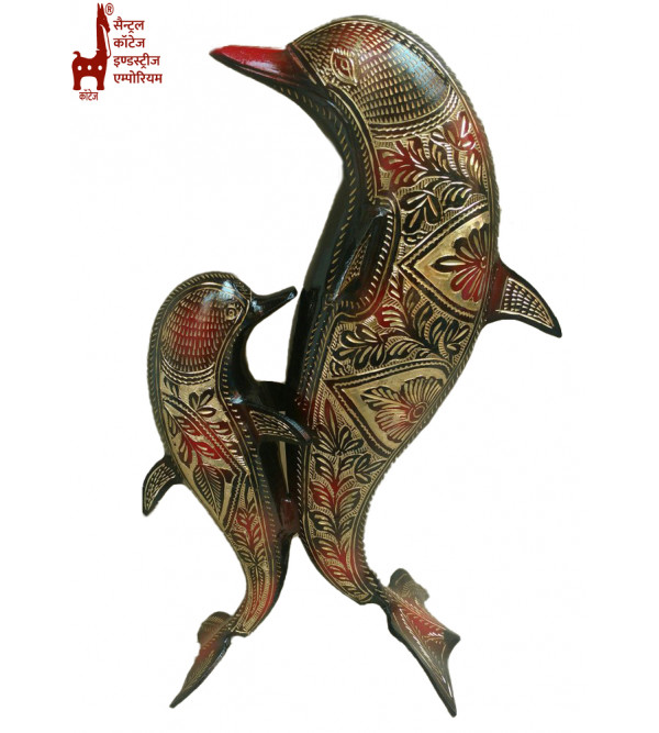 Brass Dolphin Double (Red–Black) Hand Carved – 12 Inch