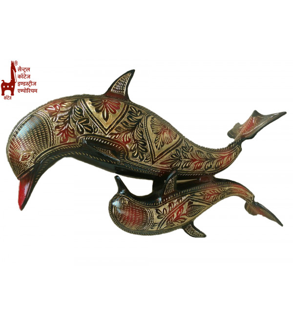 Brass Dolphin Double (Red–Black) Hand Carved – 12 Inch