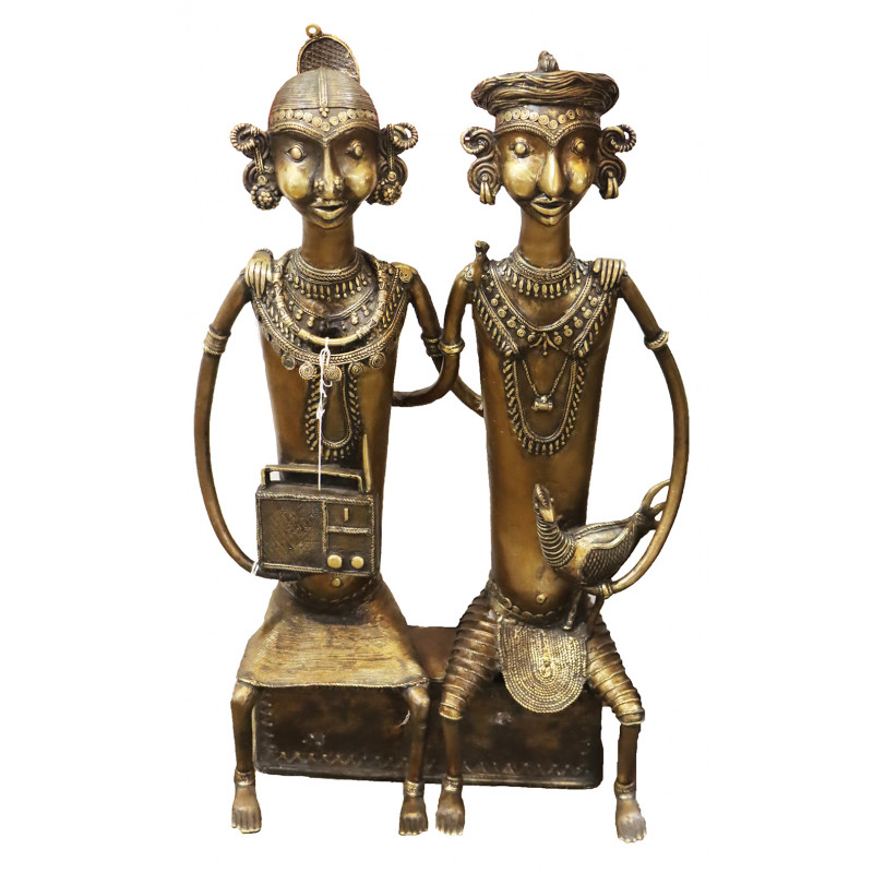Brass Dhokra Work Tribal Sitting With Radio 2 Figure( Note:- Packing & Shipping Charges will be Extra as per actual.)