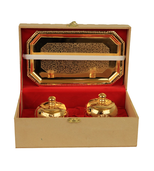 Brass Gold Plated Tray Pot With Spoon – 5 Pcs Set