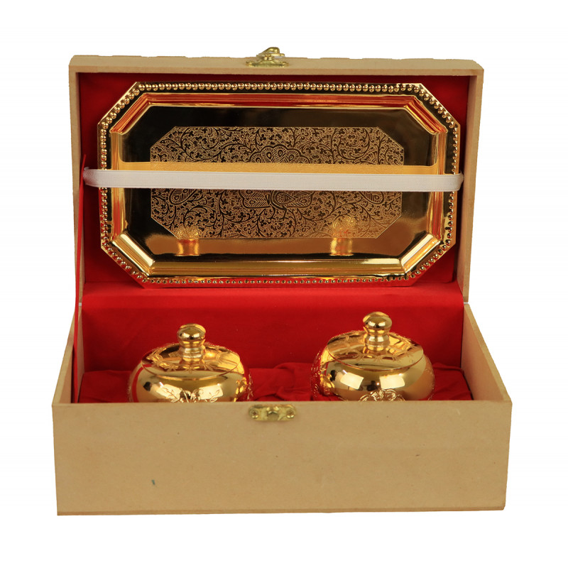 Brass Gold Plated Tray Pot With Spoon – 5 Pcs Set