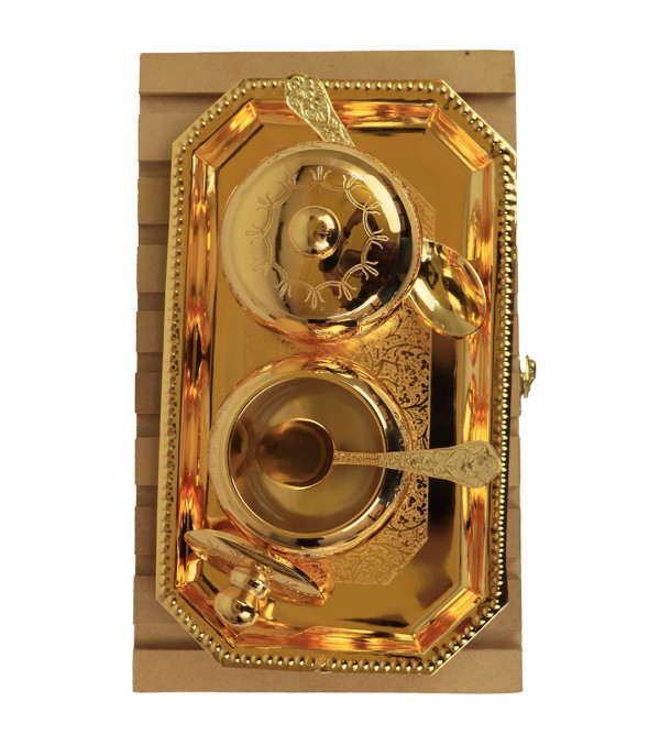 Brass Gold Plated Tray Pot With Spoon – 5 Pcs Set