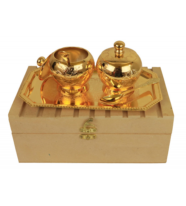 Brass Gold Plated Tray Pot With Spoon – 5 Pcs Set