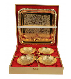 Brass Gold Plated Tray Bowl With Spoon – 9 Pcs Set