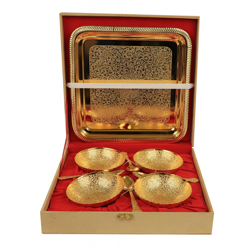 Brass Gold Plated Tray Bowl With Spoon – 9 Pcs Set