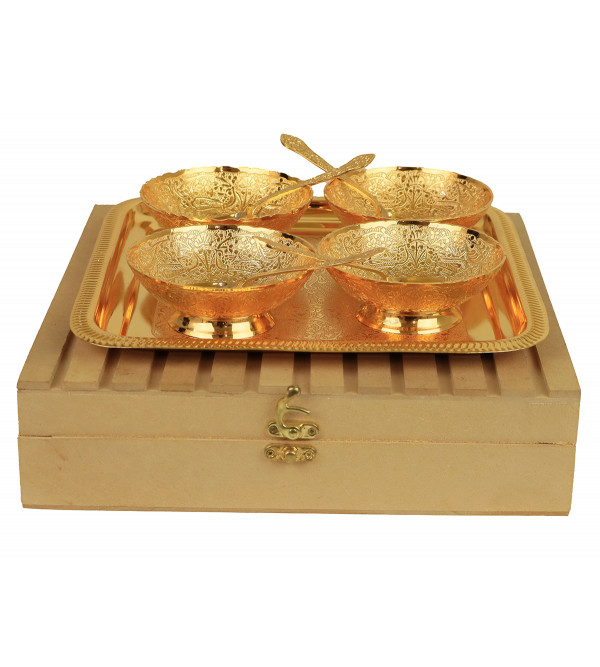 Brass Gold Plated Tray Bowl With Spoon – 9 Pcs Set