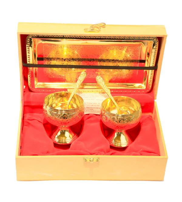 Brass Gold Plated Tray Bowl With Spoon – 5 Pcs Set