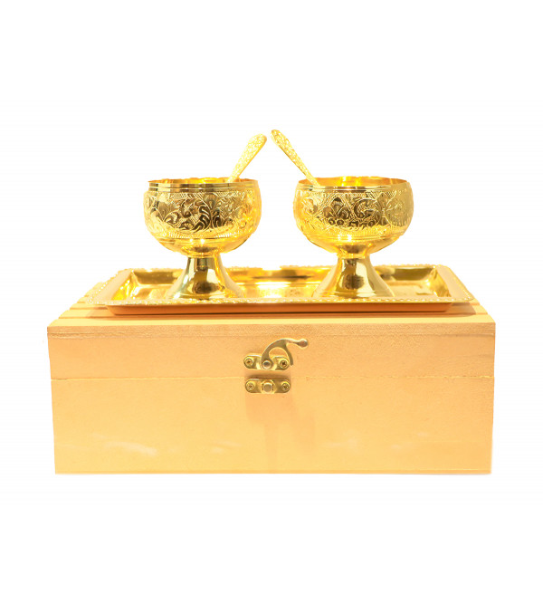Brass Gold Plated Tray Bowl With Spoon – 5 Pcs Set