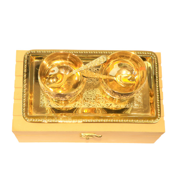 Brass Gold Plated Tray Bowl With Spoon – 5 Pcs Set