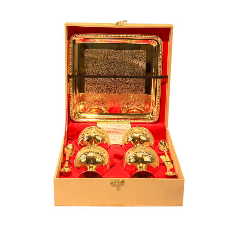 Brass Gold Plated Ice Cream Tray Bowl With Spoon – 9 Pcs Set