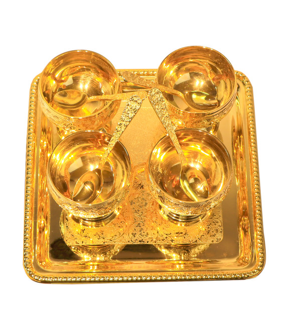 Brass Gold Plated Ice Cream Tray Bowl With Spoon – 9 Pcs Set