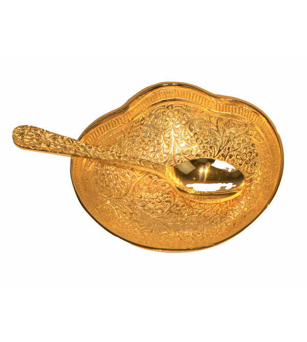 Brass Gold Plated Bowl With Spoon Set – 2 Pcs (Micron 0.035 to 0.040)