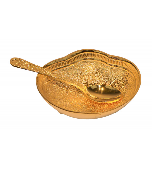 Brass Gold Plated Bowl With Spoon Set – 2 Pcs (Micron 0.035 to 0.040)