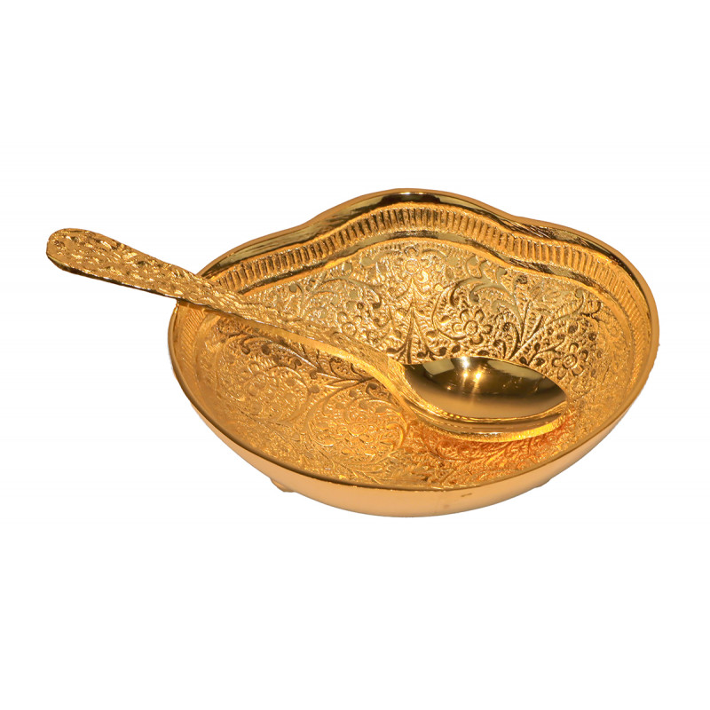 Brass Gold Plated Bowl With Spoon Set – 2 Pcs (Micron 0.035 to 0.040)