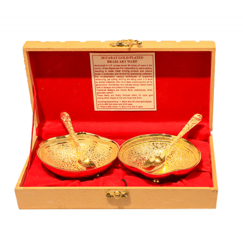 Brass Gold Plated Bowl With Spoon – 4 Pcs Set