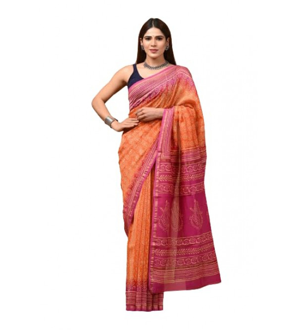 Chanderi Silk Saree with Block Print Assorted Colour & Design