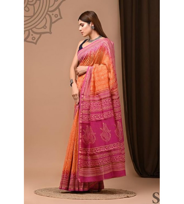 Chanderi Silk Saree with Block Print Assorted Colour & Design