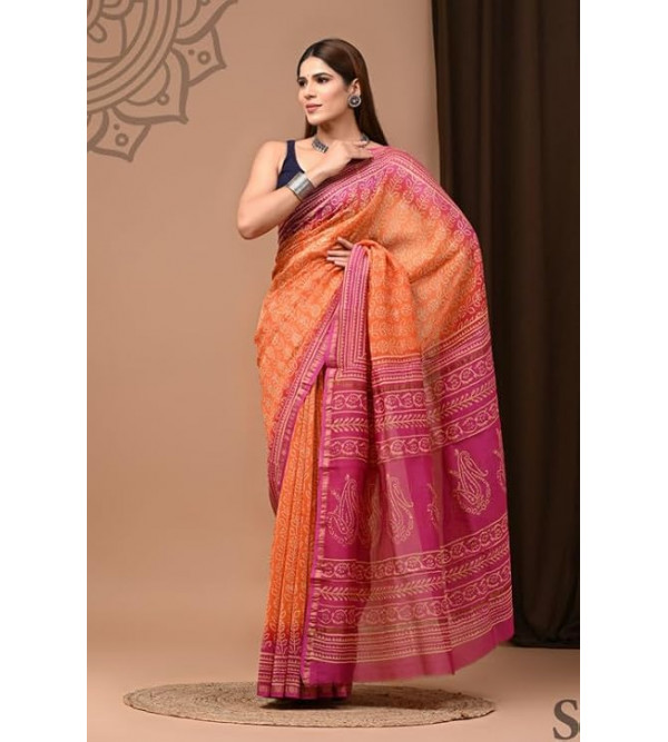 Chanderi Silk Saree with Block Print Assorted Colour & Design