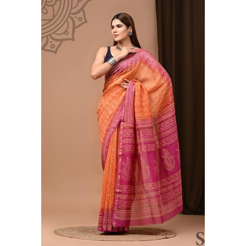 Chanderi Silk Saree with Block Print Assorted Colour & Design