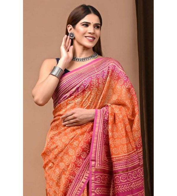 Chanderi Silk Saree with Block Print Assorted Colour & Design