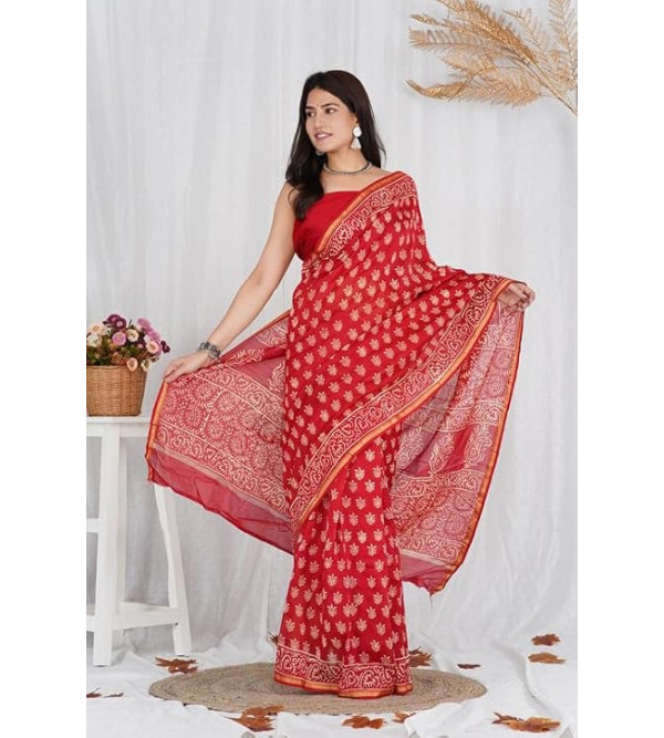 Chanderi Silk Saree with Block Print Assorted Colour & Design