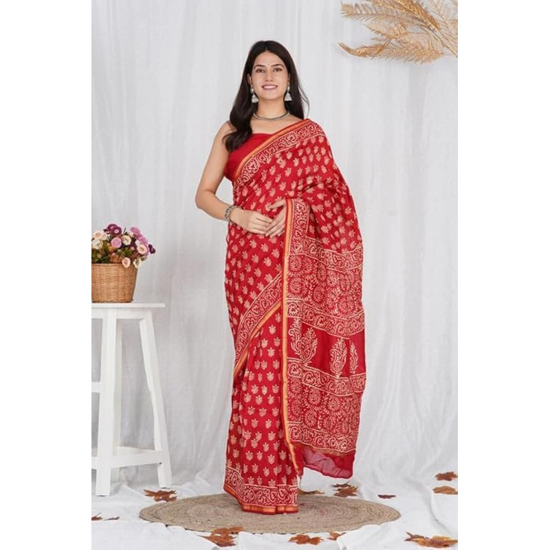 Chanderi Silk Saree with Block Print Assorted Colour & Design
