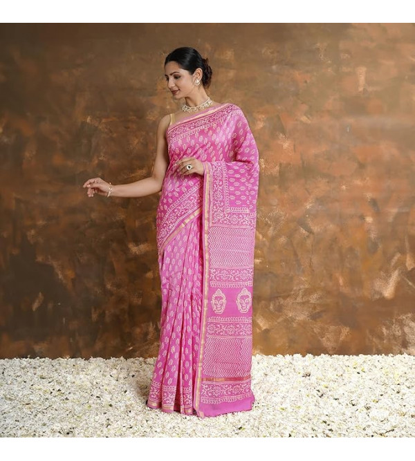 Chanderi Silk Saree with Block Print Assorted Colour & Design