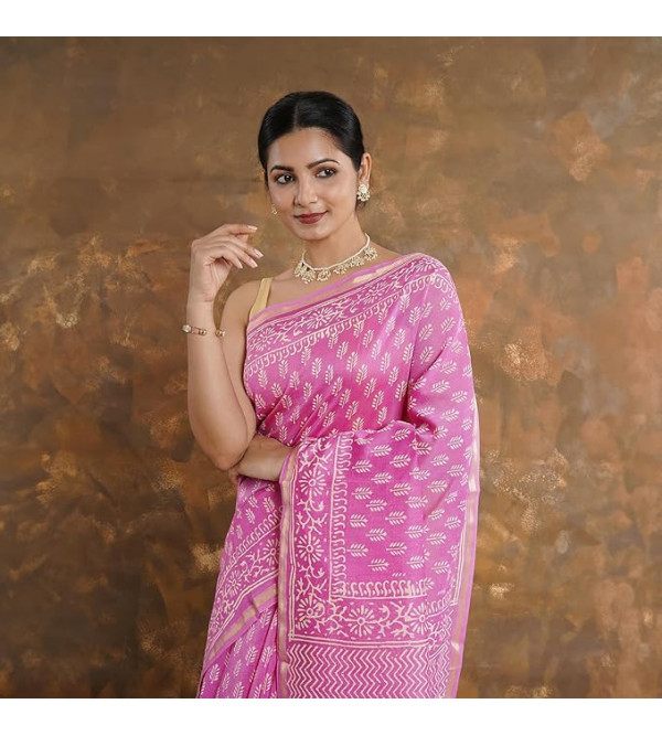 Chanderi Silk Saree with Block Print Assorted Colour & Design
