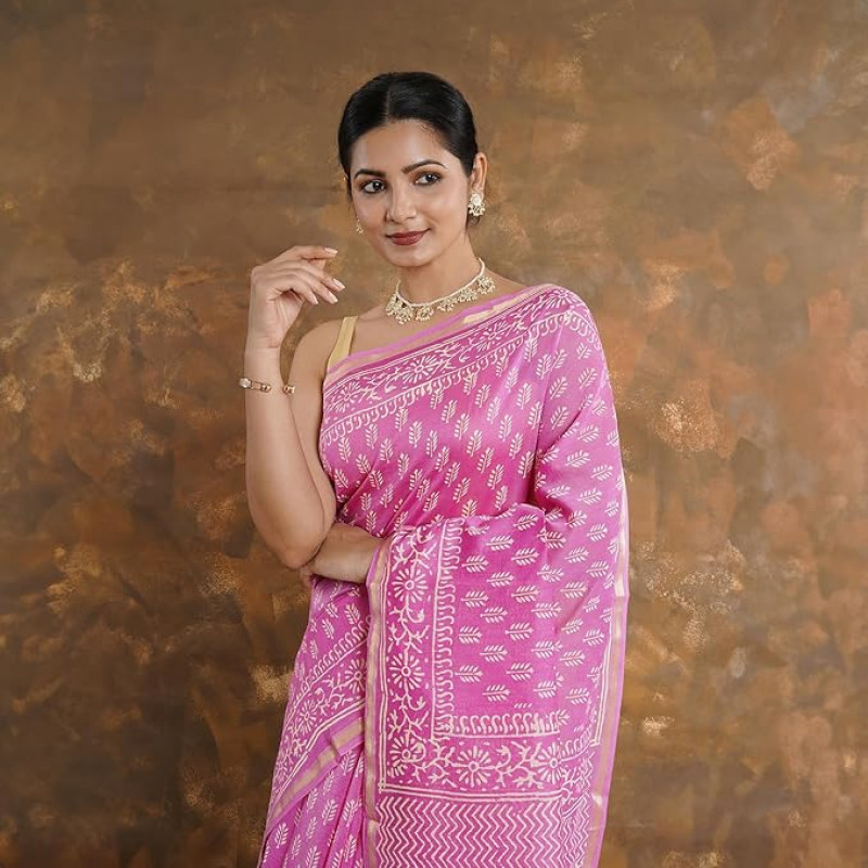 Chanderi Silk Saree with Block Print Assorted Colour & Design
