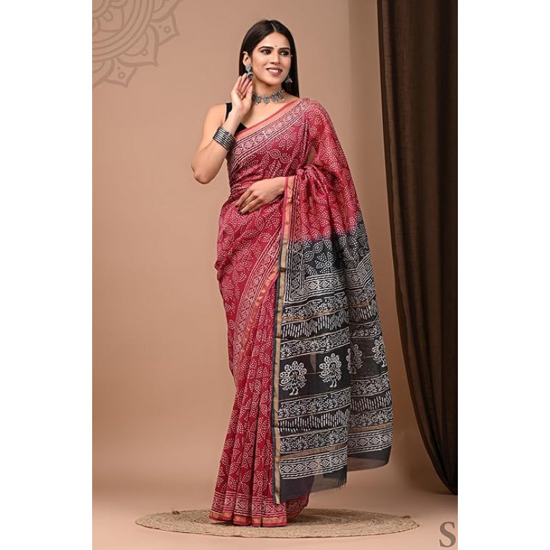 Chanderi Silk Saree with Block Print Assorted Colour & Design