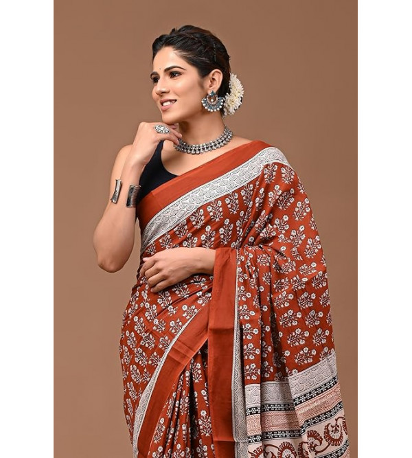 Bagru Block Printed Cotton Saree Assorted Colour & Design