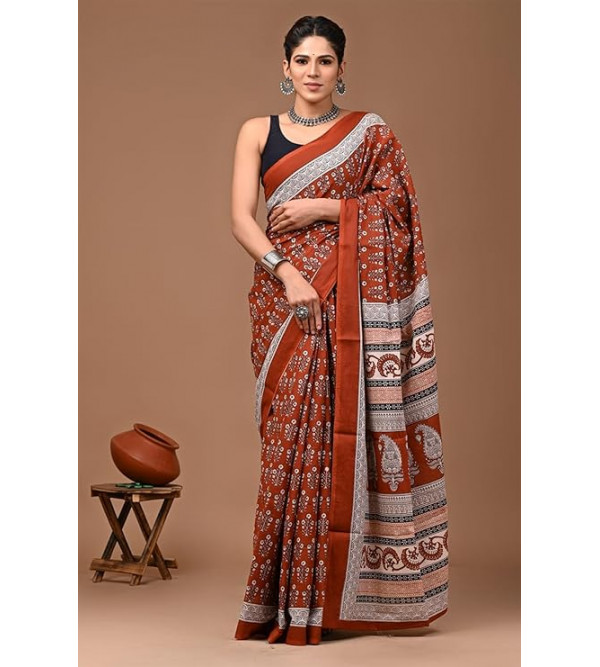 Bagru Block Printed Cotton Saree Assorted Colour & Design