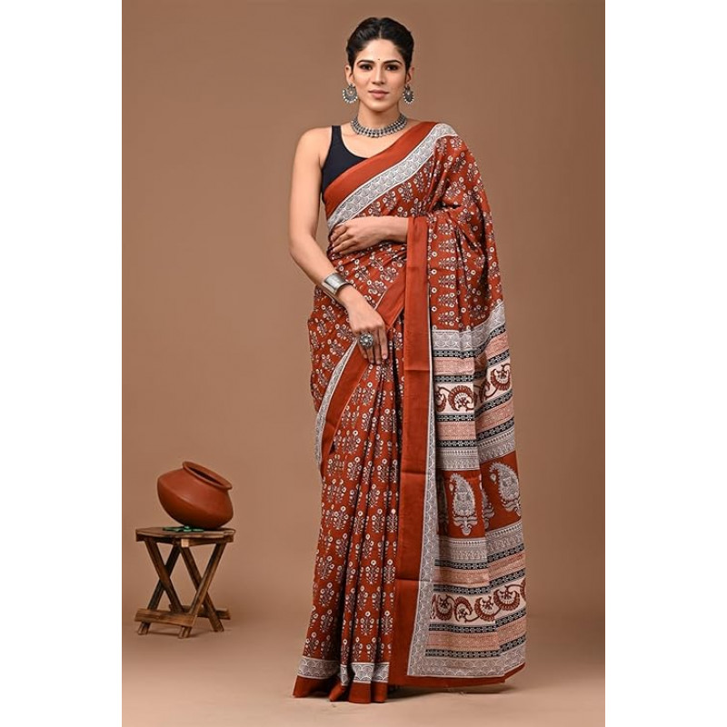Bagru Block Printed Cotton Saree Assorted Colour & Design