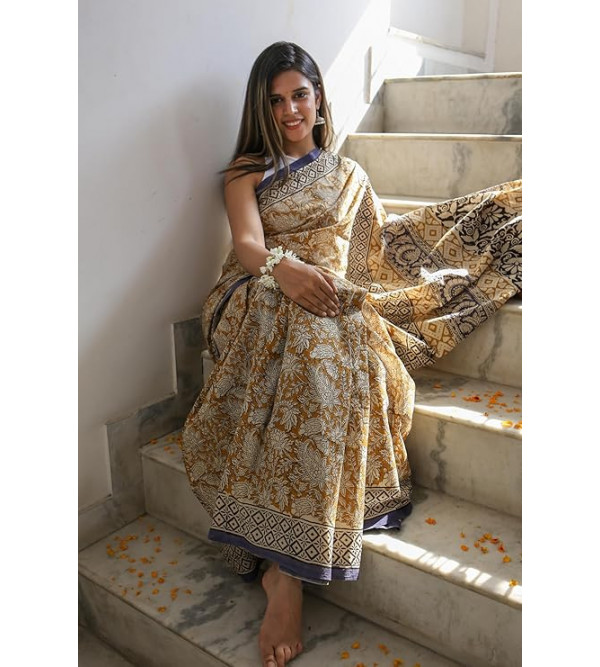 Bagru Block Printed Cotton Saree Assorted Colour & Design
