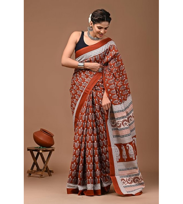 Bagru Block Printed Cotton Saree Assorted Colour & Design