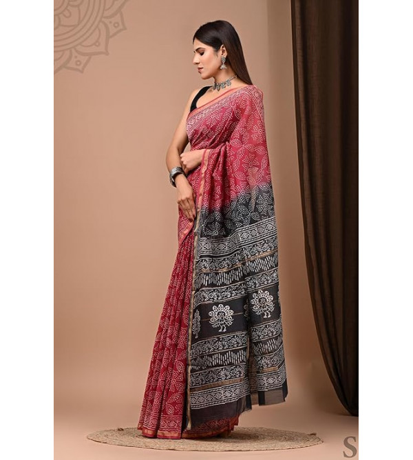 Chanderi Silk Saree with Block Print Assorted Colour & Design