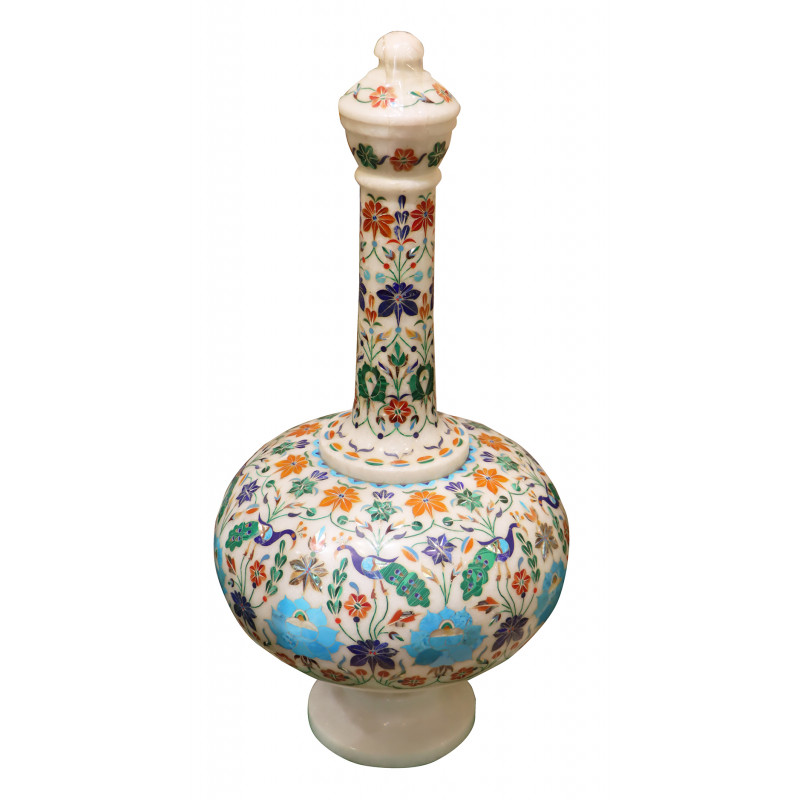Surahi Vase Marble Inlay With Multi-Semi Precious Stone Floral Design ( Note:- Packing & Shipping Charges will be Extra as per actual.) 