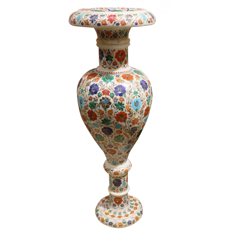 Flower Vase Marble Inlay With Multi-Semi Precious Stone Floral Design ( Note:- Packing & Shipping Charges will be Extra as per actual.)