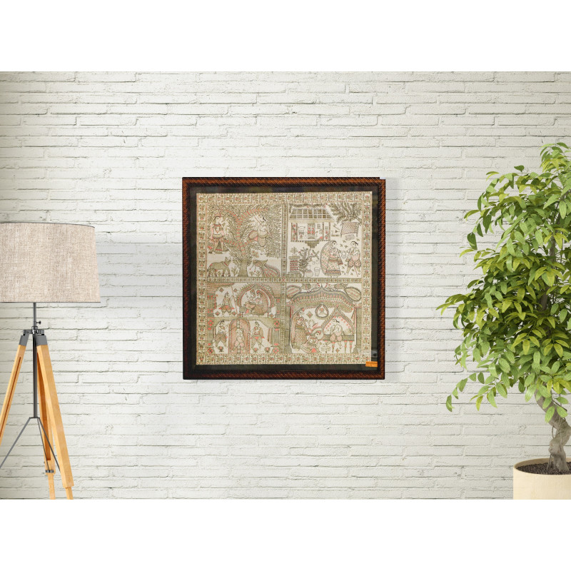 Celebrating Durga Puja with Bihari Folk Dance and the Mesmerizing Colors of Madhubani Painting – Traditional Indian Painting (60x36 Inch)