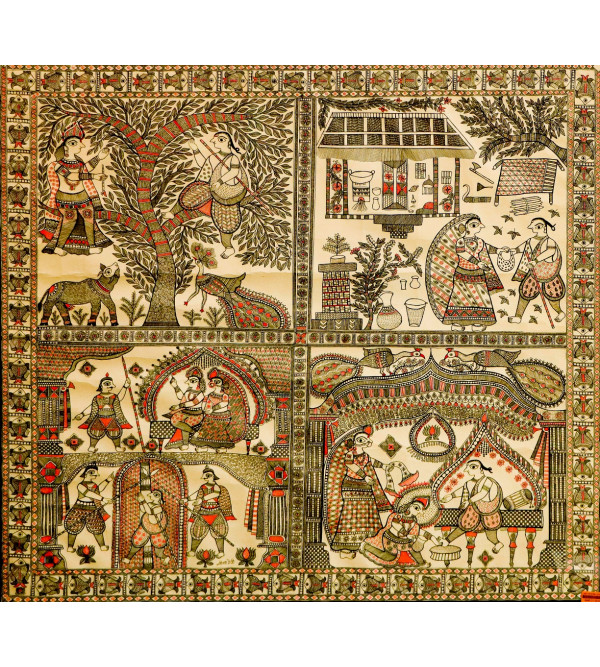 Celebrating Durga Puja with Bihari Folk Dance and the Mesmerizing Colors of Madhubani Painting – Traditional Indian Painting (60x36 Inch)