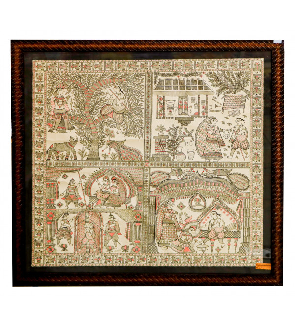 Celebrating Durga Puja with Bihari Folk Dance and the Mesmerizing Colors of Madhubani Painting – Traditional Indian Painting (60x36 Inch)