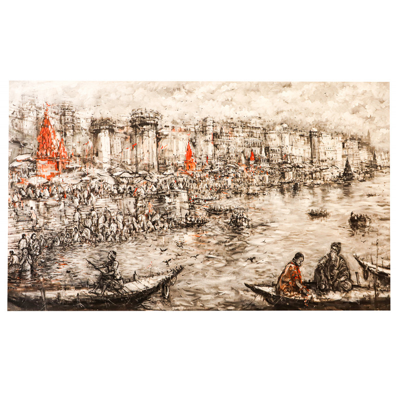 Banaras Ghat Painting on Canvas  (3X5 FT.)