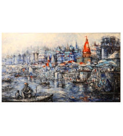 Banaras Ghat Painting on Canvas  (3X5 FT.)