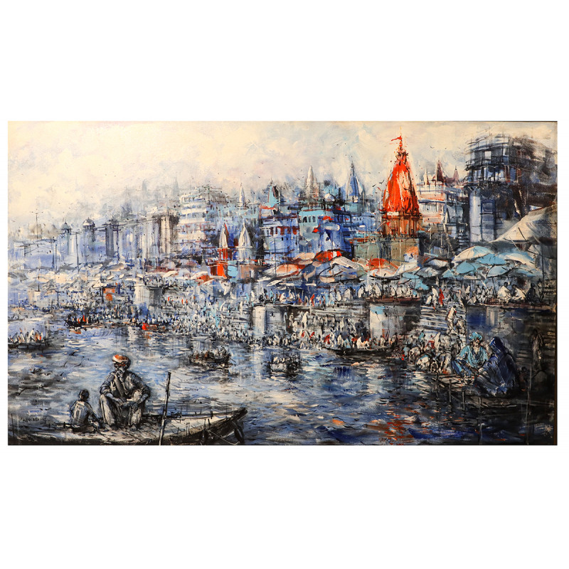 Banaras Ghat Painting on Canvas  (3X5 FT.)