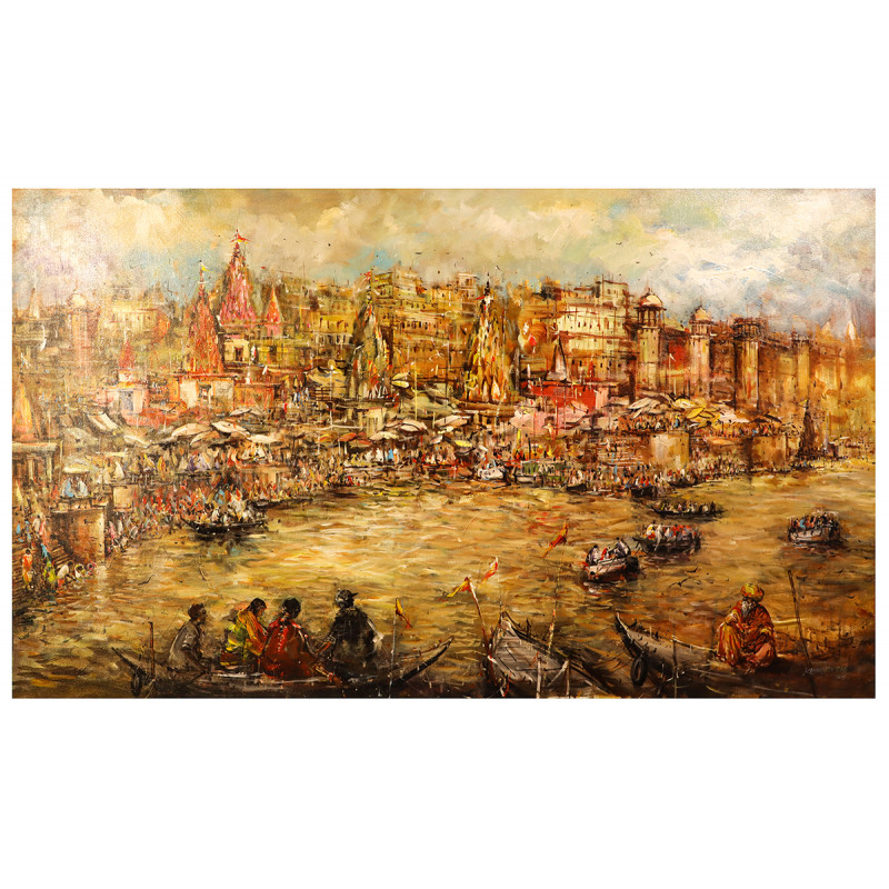 Banaras Ghat Painting on Canvas  (3X5 FT.)