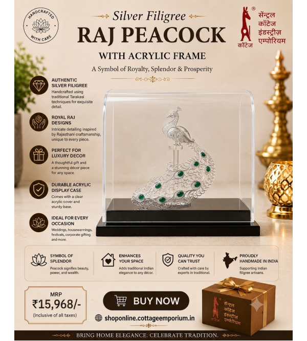 Silver Filigree Raj Peacock  With Acrylic Frame – 92.5