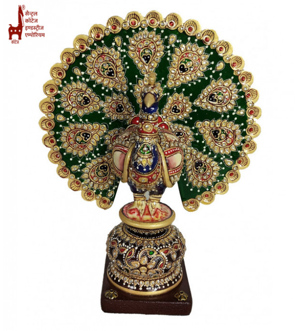 Wooden Dancing Peacock with Meenakari Work – 10 Inch